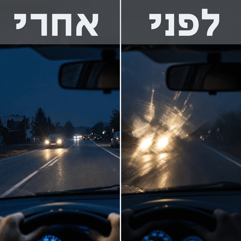 מושב הנהג בלילה, מול רכב שמגיע ממול. לפני: האור מהפנסים נמרח על כל השמשה. אחרי: השמשה נקייה והכביש ברור
